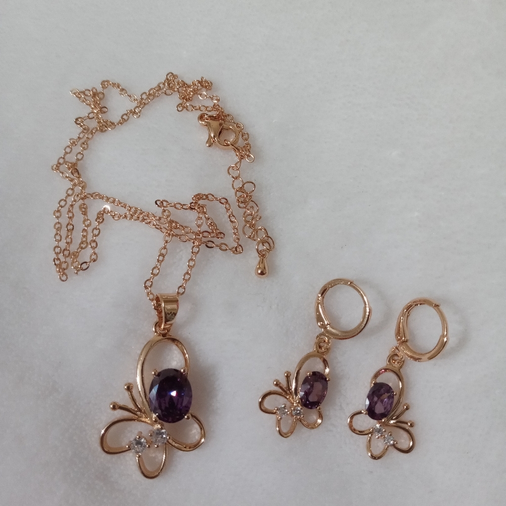 Purple cz butterfly gold plated jewelry set